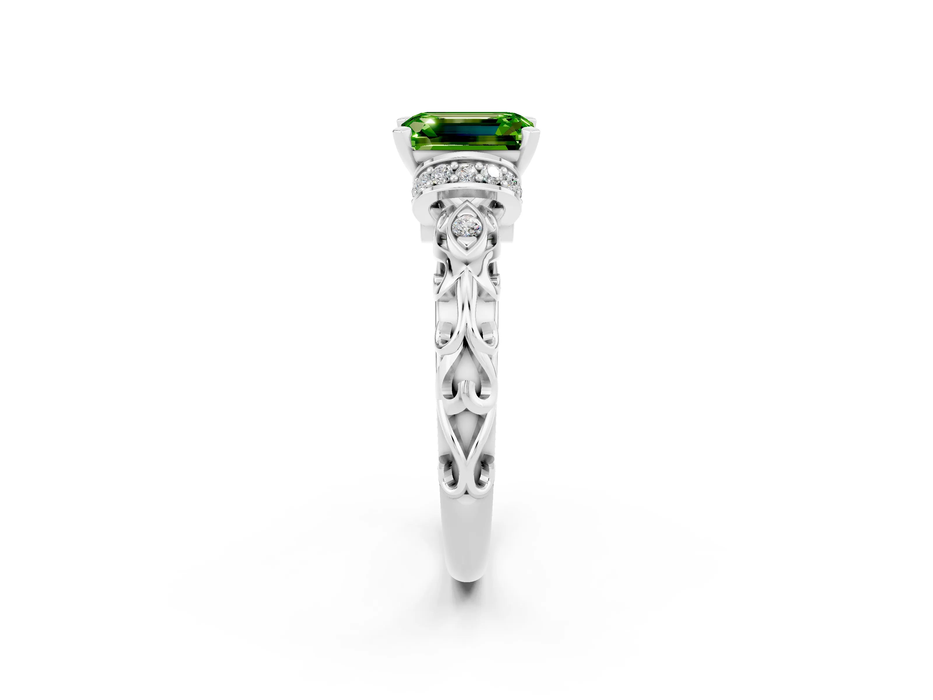 White gold Emerald Cut Peridot Solitaire Ring with Filigree Band and Four-Prong Setting_47