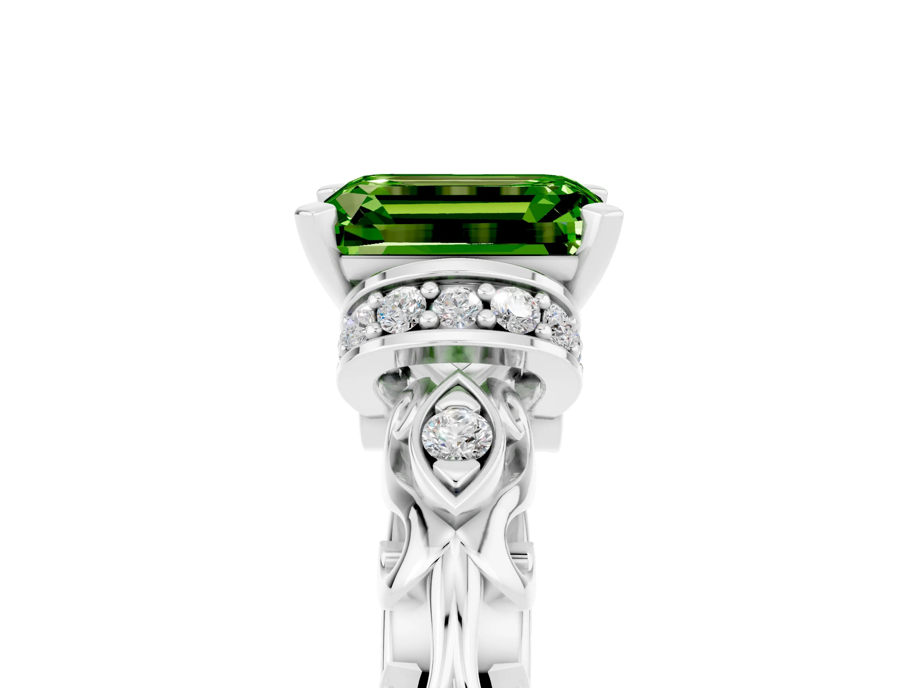 White gold Emerald Cut Peridot Solitaire Ring with Filigree Band and Four-Prong Setting_47