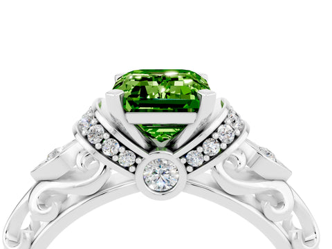 White gold Emerald Cut Peridot Solitaire Ring with Filigree Band and Four-Prong Setting_49