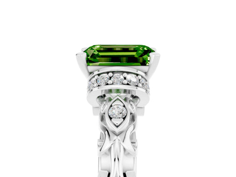 White gold Emerald Cut Peridot Solitaire Ring with Filigree Band and Four-Prong Setting_50