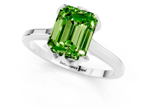 White gold Emerald Cut Peridot Solitaire Ring with Flower Prong Setting and Classic Band_13