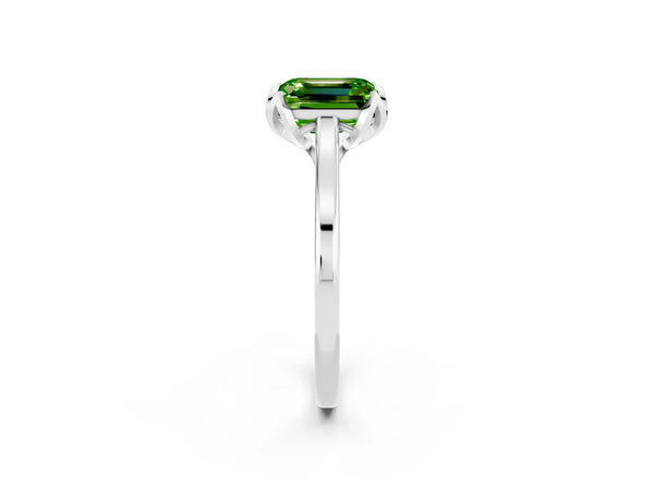 Platinum Emerald Cut Peridot Solitaire Ring with Flower Prong Setting and Classic Band