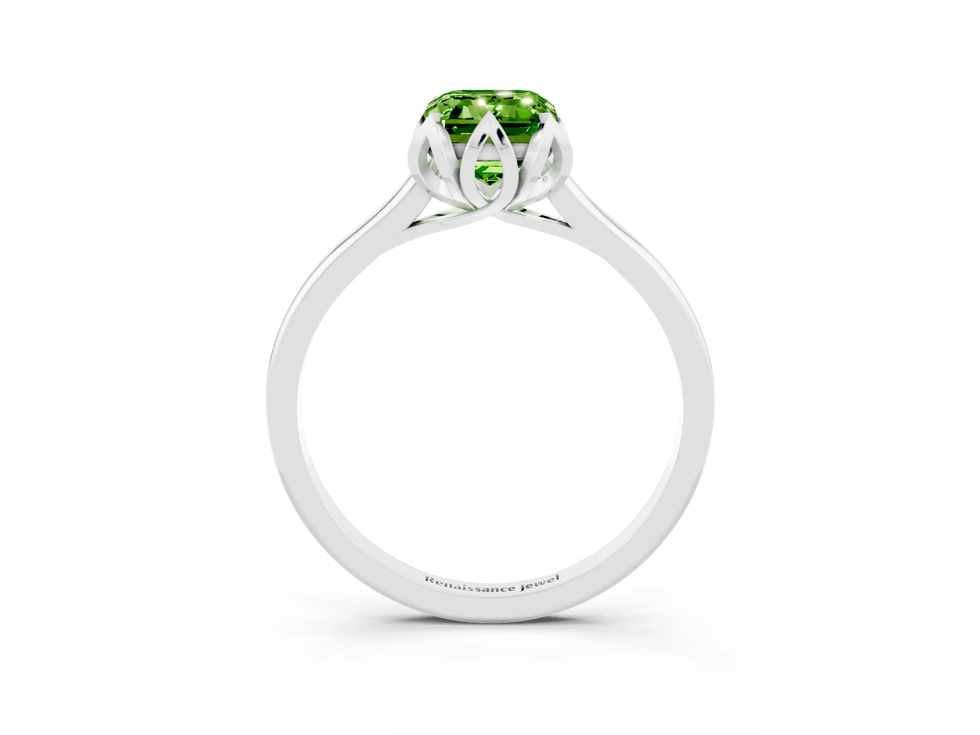 White gold Emerald Cut Peridot Solitaire Ring with Flower Prong Setting and Classic Band_15
