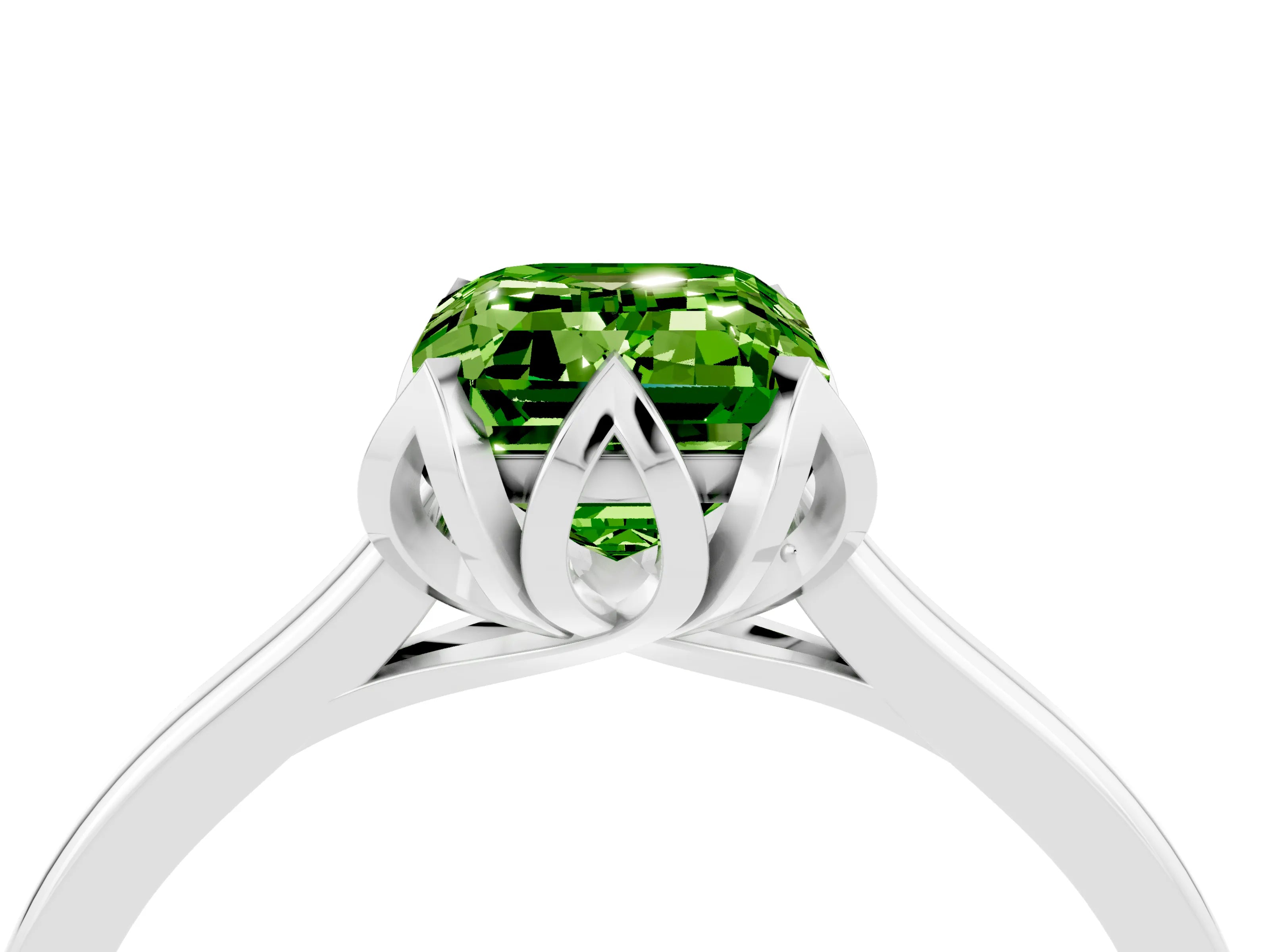White gold Emerald Cut Peridot Solitaire Ring with Flower Prong Setting and Classic Band_16