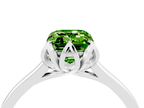 White gold Emerald Cut Peridot Solitaire Ring with Flower Prong Setting and Classic Band_16