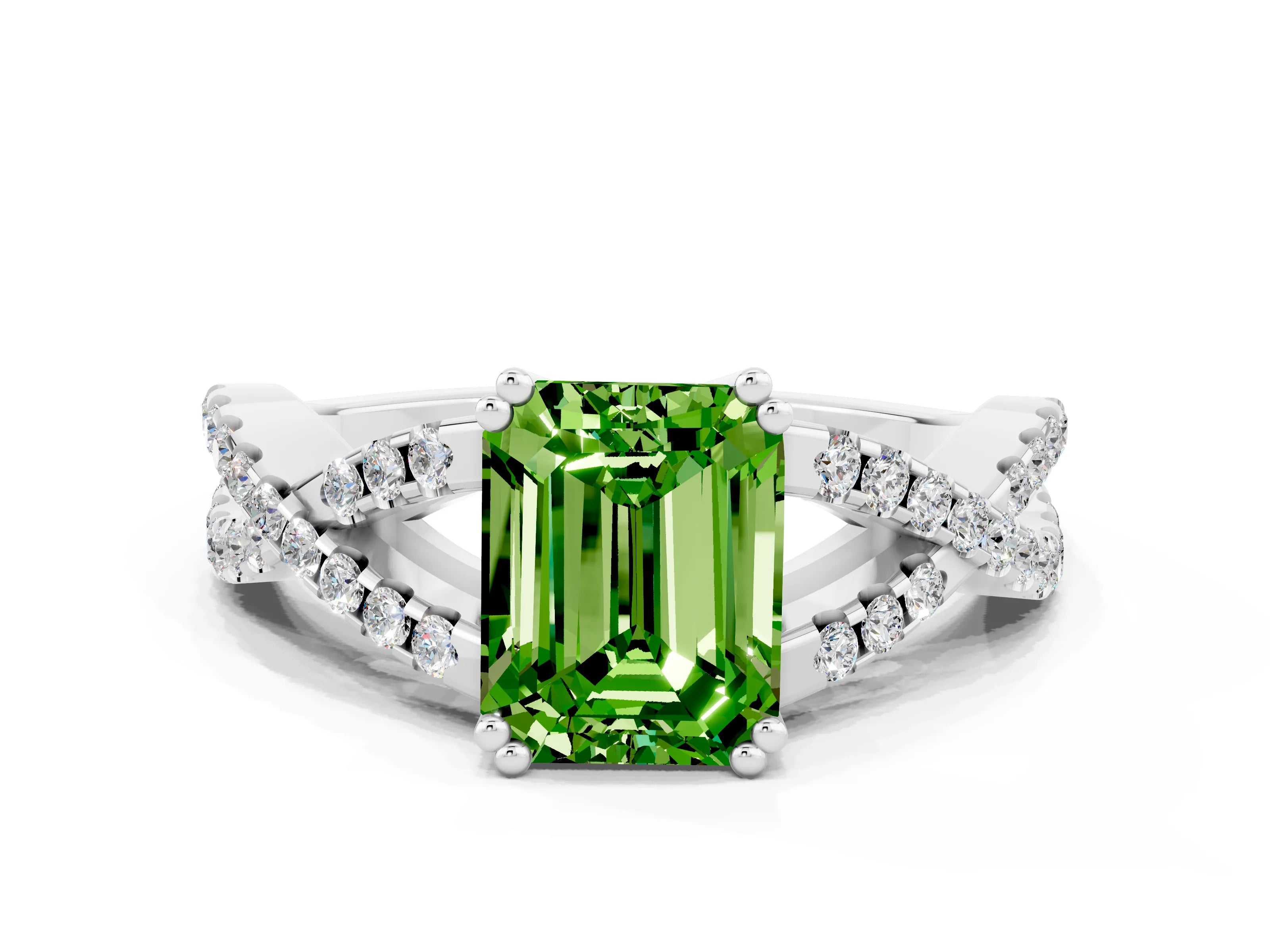 White gold Emerald Cut Peridot Solitaire Ring with Four-Prong Setting and Twisted Pavé Band