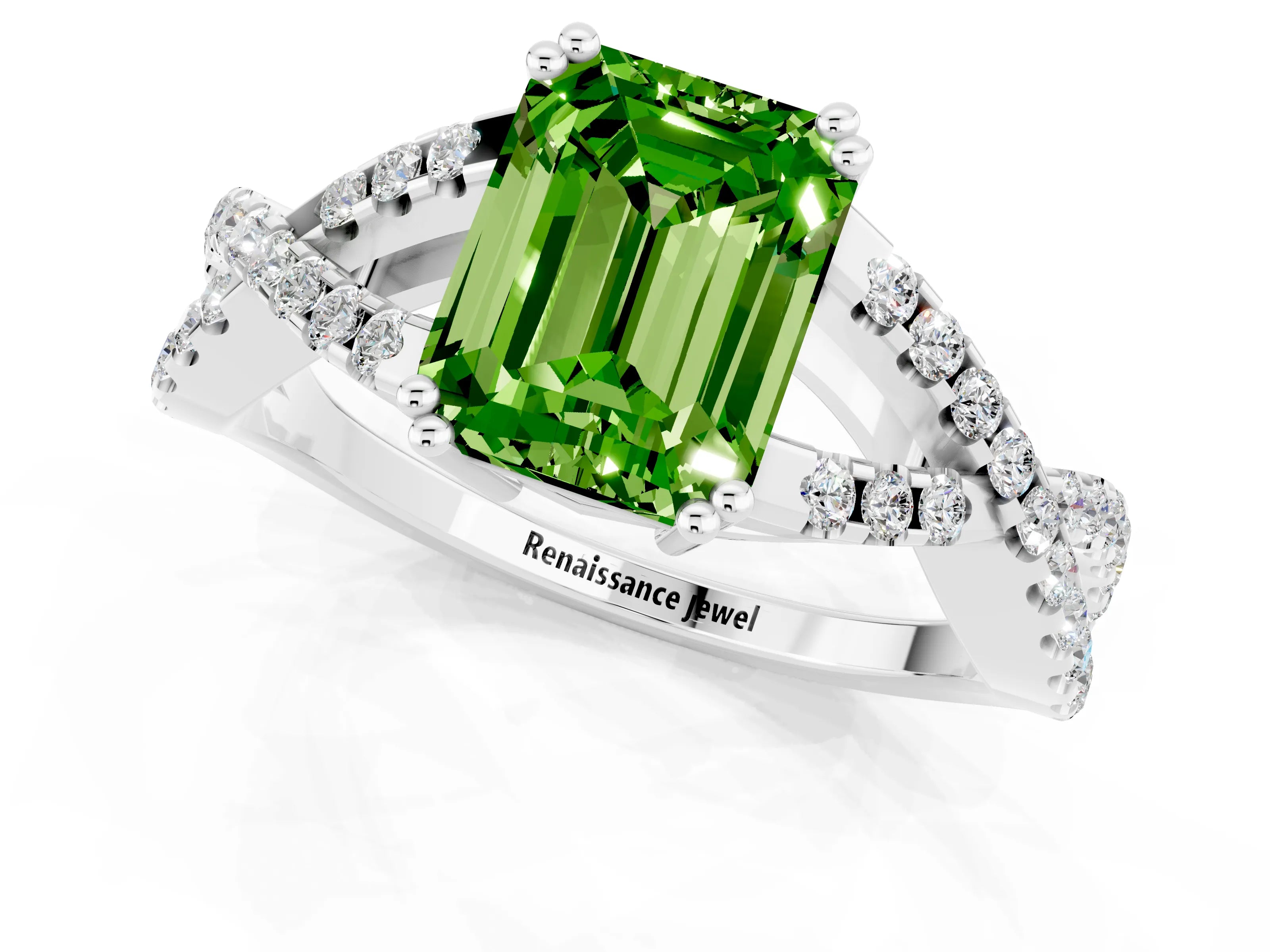 White gold Emerald Cut Peridot Solitaire Ring with Four-Prong Setting and Twisted Pavé Band_1
