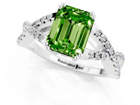White gold Emerald Cut Peridot Solitaire Ring with Four-Prong Setting and Twisted Pavé Band_1