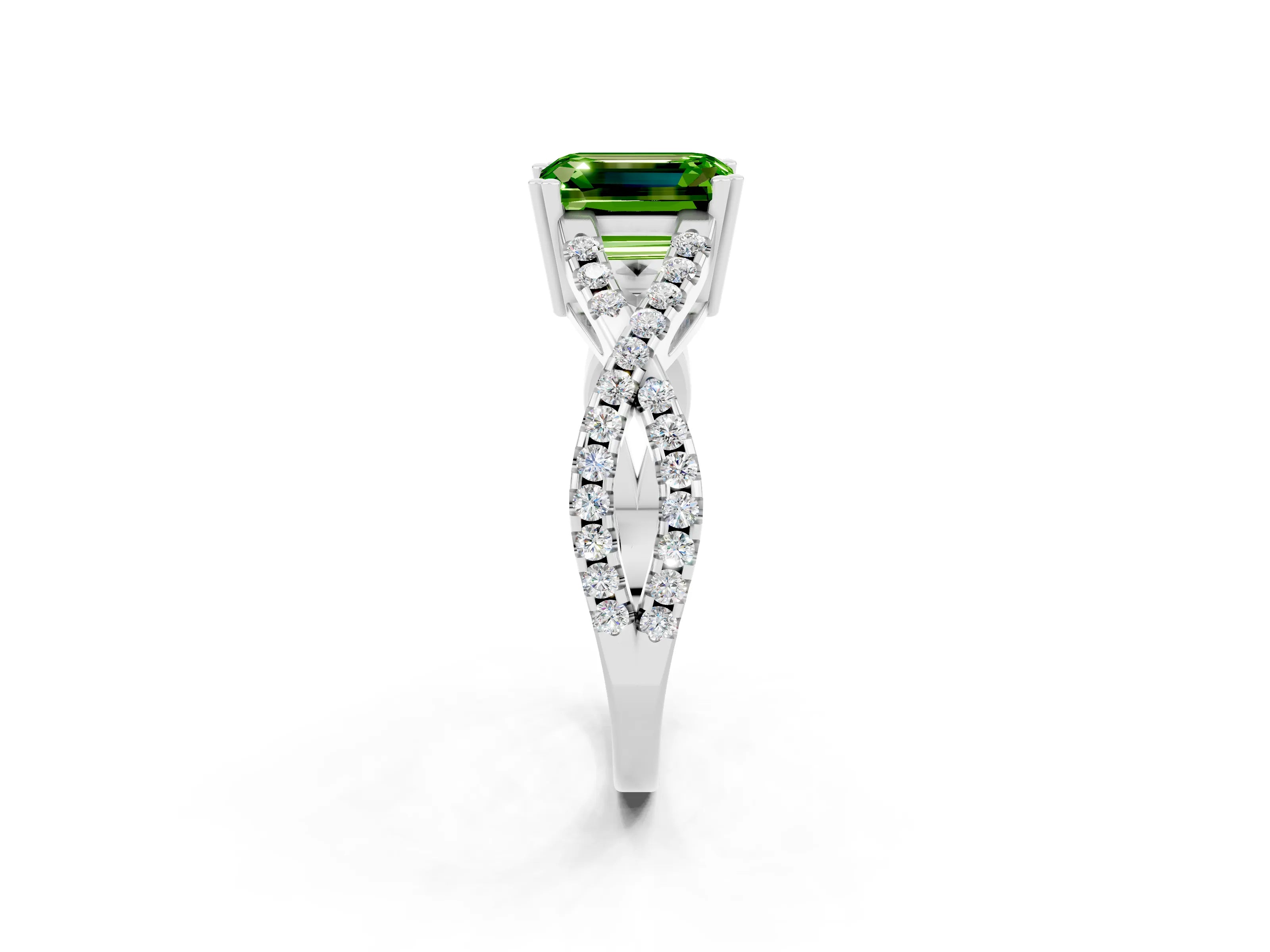 White gold Emerald Cut Peridot Solitaire Ring with Four-Prong Setting and Twisted Pavé Band_2