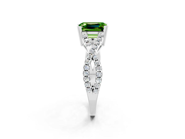 White gold Emerald Cut Peridot Solitaire Ring with Four-Prong Setting and Twisted Pavé Band