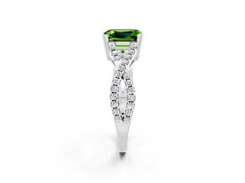 White gold Emerald Cut Peridot Solitaire Ring with Four-Prong Setting and Twisted Pavé Band_2