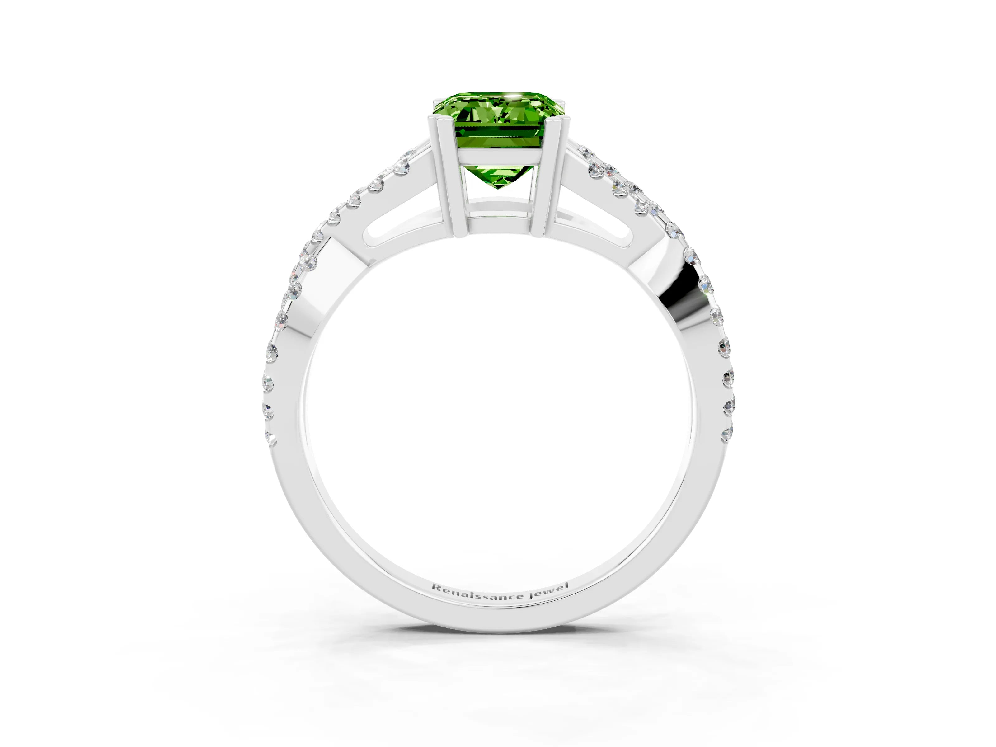 White gold Emerald Cut Peridot Solitaire Ring with Four-Prong Setting and Twisted Pavé Band_3