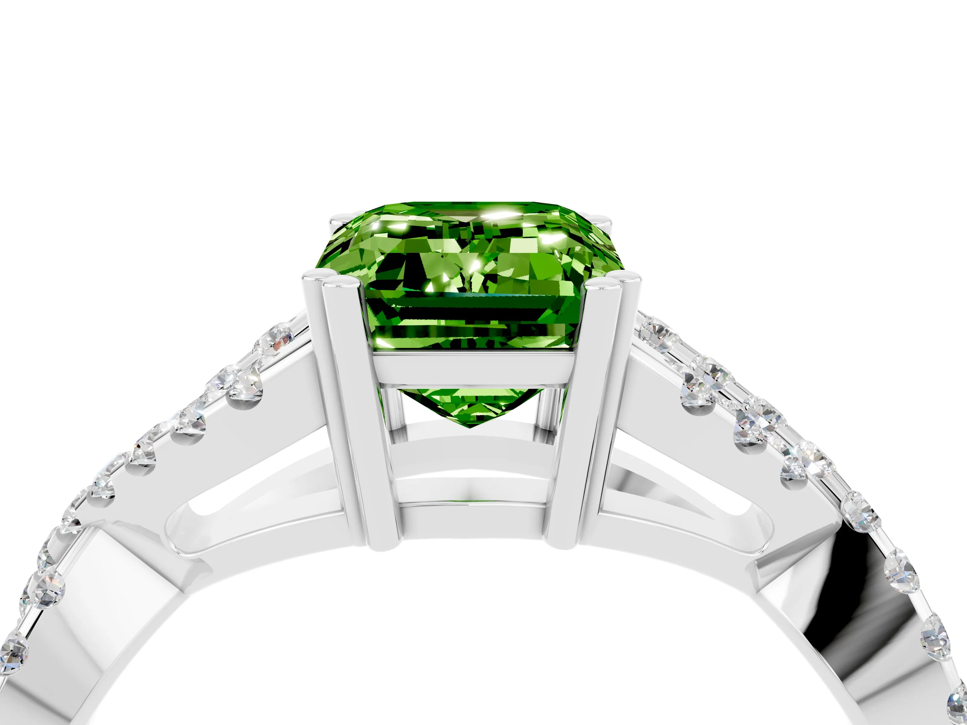 White gold Emerald Cut Peridot Solitaire Ring with Four-Prong Setting and Twisted Pavé Band_4