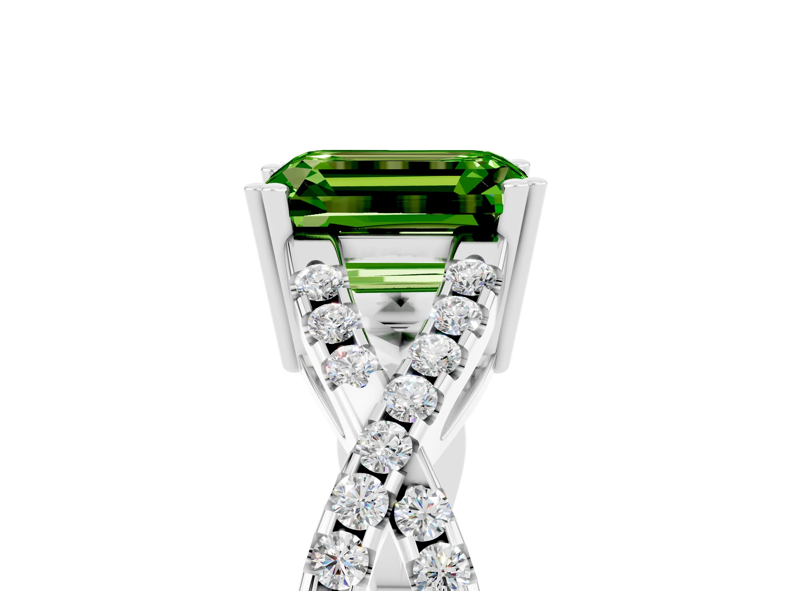 White gold Emerald Cut Peridot Solitaire Ring with Four-Prong Setting and Twisted Pavé Band_5