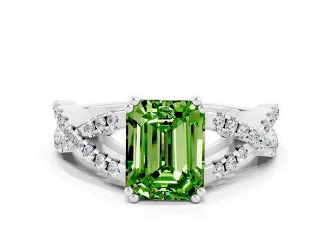 White gold Emerald Cut Peridot Solitaire Ring with Four-Prong Setting and Twisted Pavé Band