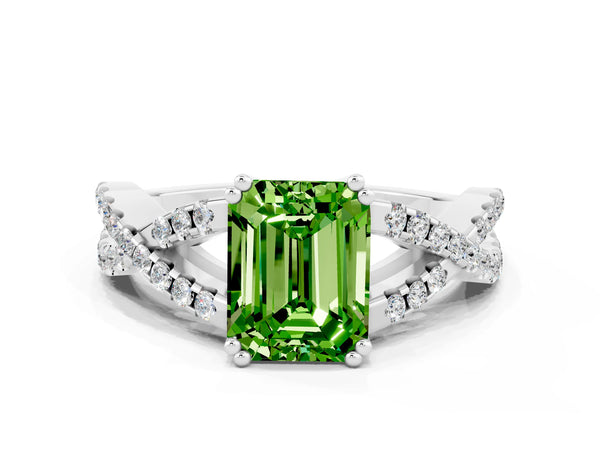 Silver Emerald Cut Peridot Solitaire Ring with Four-Prong Setting and Twisted Pavé Band