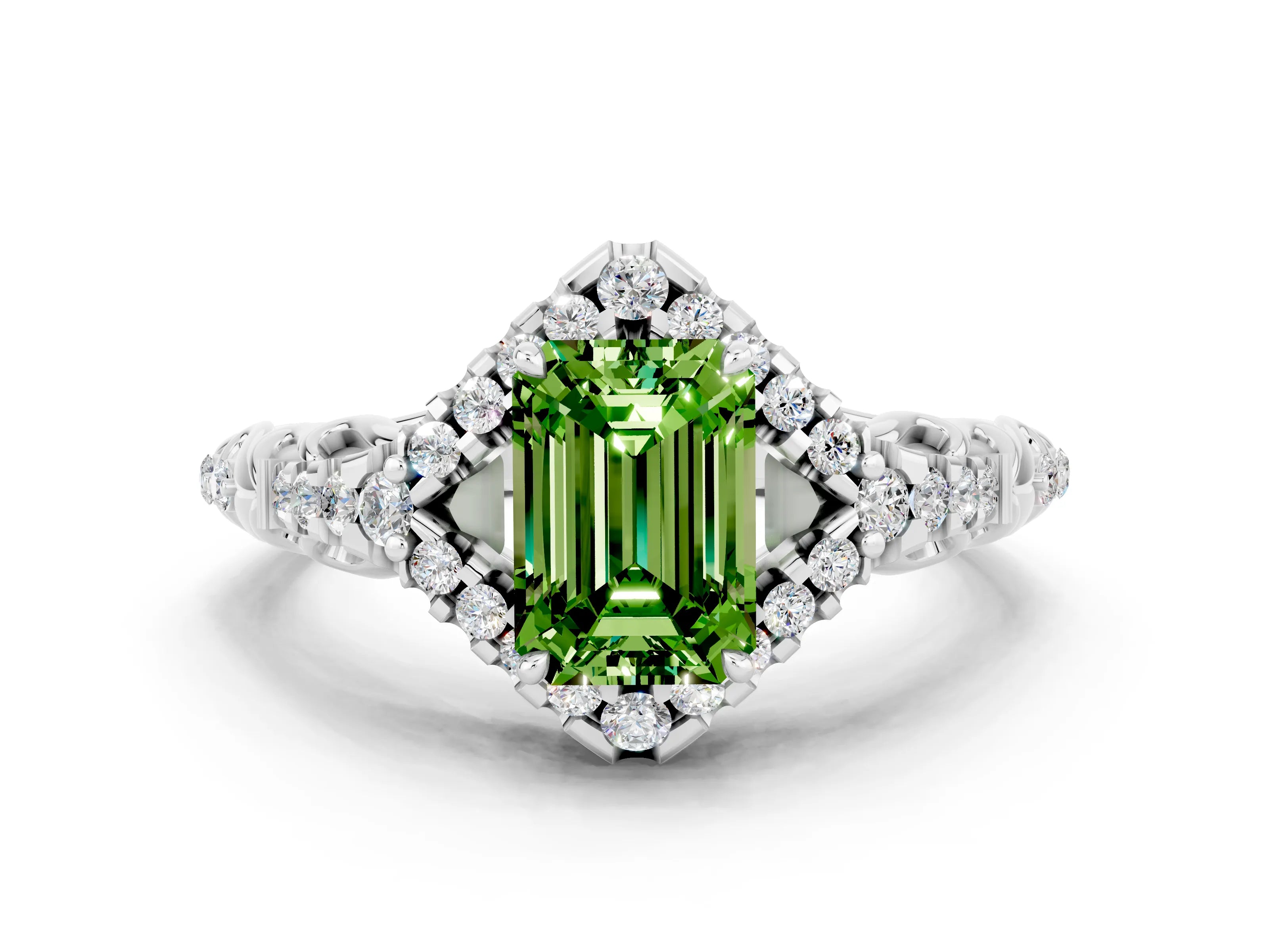 White gold Emerald Cut Peridot Solitaire Ring with Hidden Halo and Pavé Band_12