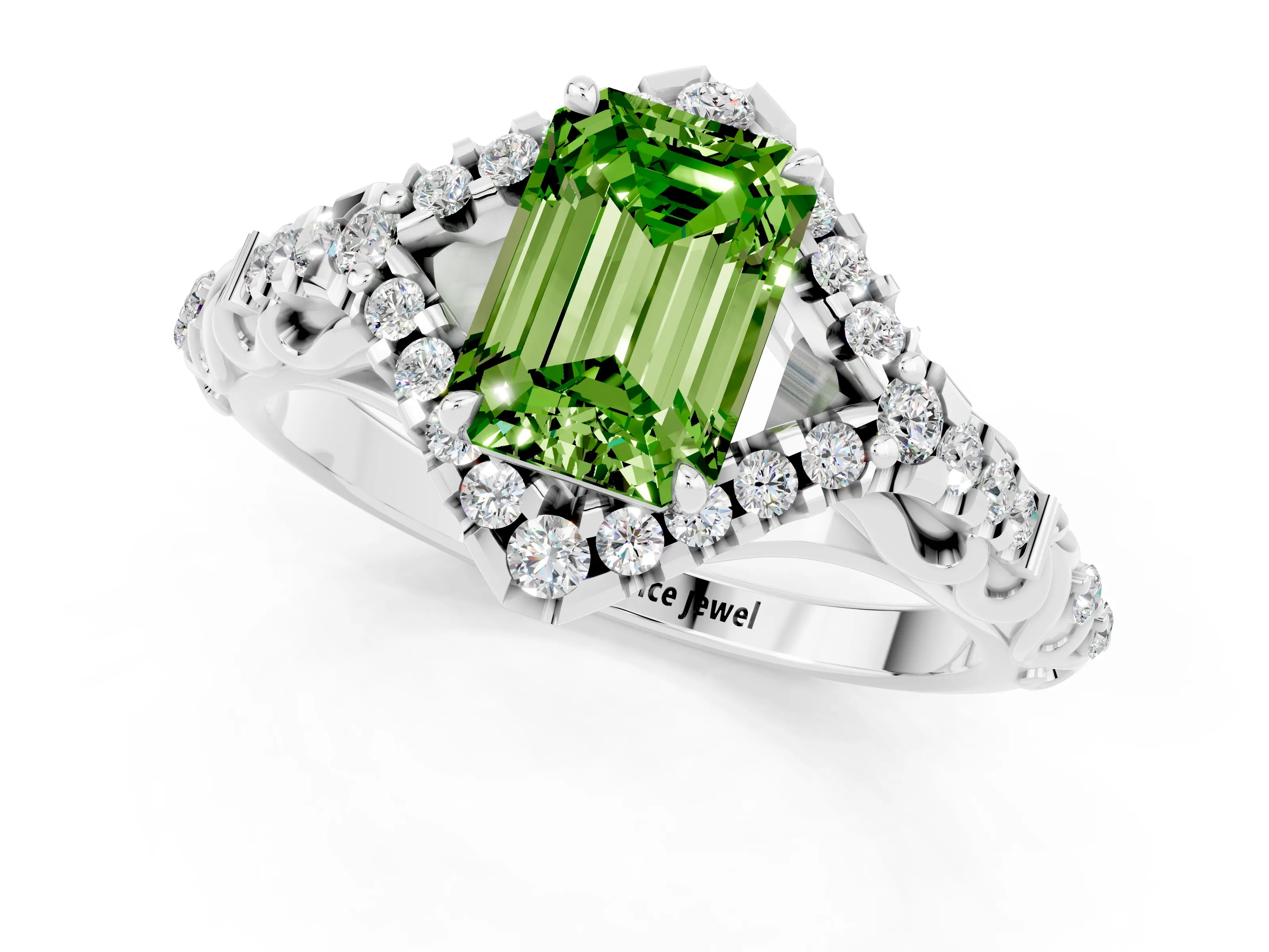 White gold Emerald Cut Peridot Solitaire Ring with Hidden Halo and Pavé Band_13