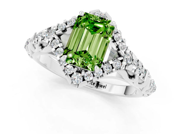 White gold Emerald Cut Peridot Solitaire Ring with Hidden Halo and Pavé Band