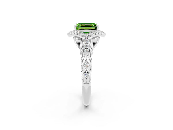 Platinum Emerald Cut Peridot Solitaire Ring with Hidden Halo and Pavé Band
