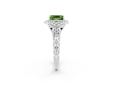 White gold Emerald Cut Peridot Solitaire Ring with Hidden Halo and Pavé Band_14