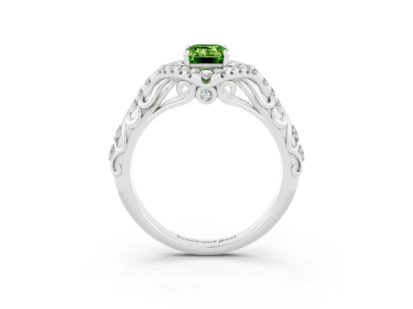 Platinum Emerald Cut Peridot Solitaire Ring with Hidden Halo and Pavé Band