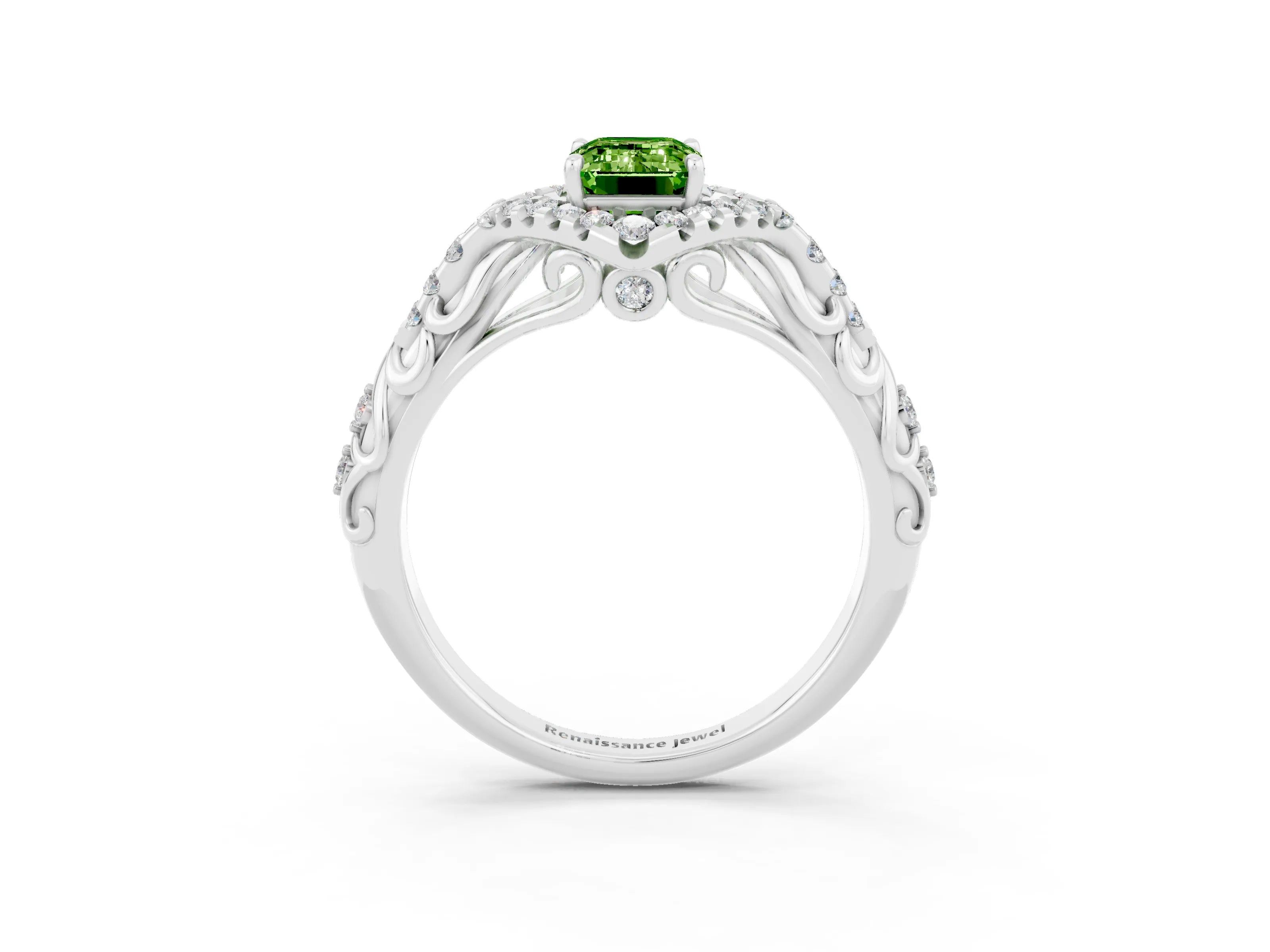 White gold Emerald Cut Peridot Solitaire Ring with Hidden Halo and Pavé Band_15