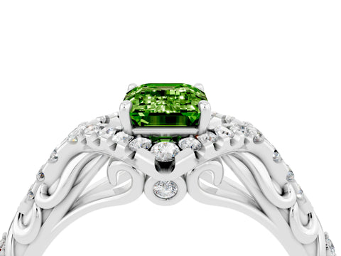 White gold Emerald Cut Peridot Solitaire Ring with Hidden Halo and Pavé Band_16