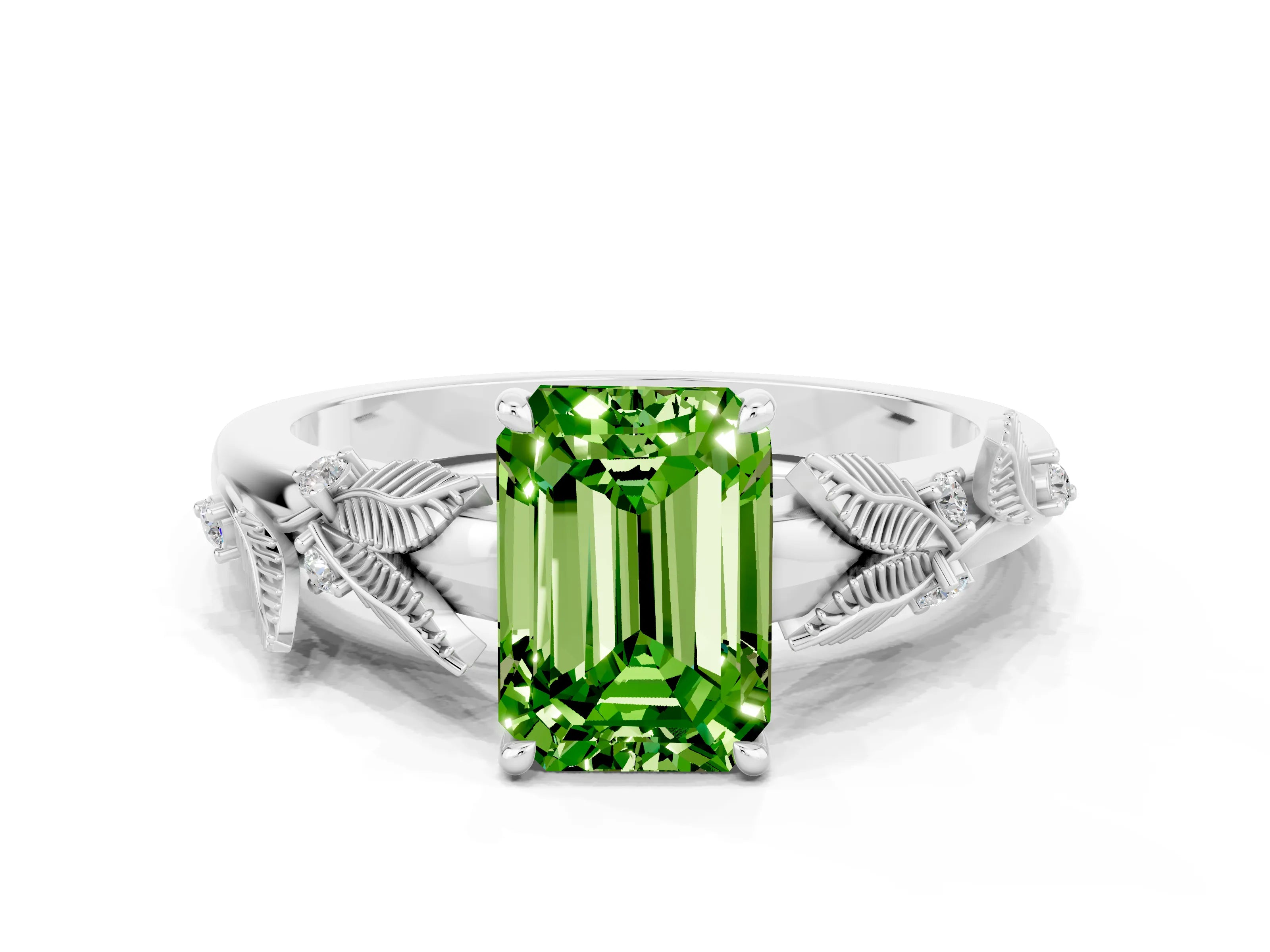 White gold Emerald Cut Peridot Solitaire Ring with Leaf Motif Band and Four-Prong Setting_12