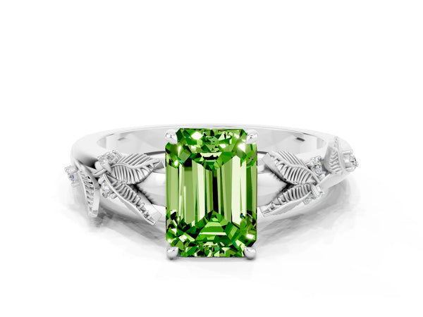 White gold Emerald Cut Peridot Solitaire Ring with Leaf Motif Band and Four-Prong Setting