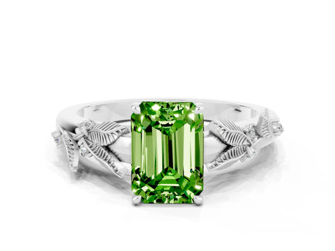 White gold Emerald Cut Peridot Solitaire Ring with Leaf Motif Band and Four-Prong Setting_12
