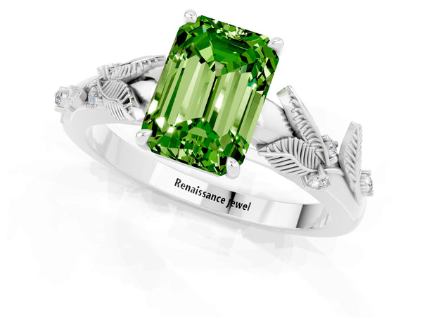 White gold Emerald Cut Peridot Solitaire Ring with Leaf Motif Band and Four-Prong Setting