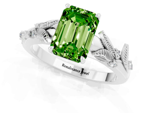 White gold Emerald Cut Peridot Solitaire Ring with Leaf Motif Band and Four-Prong Setting_13
