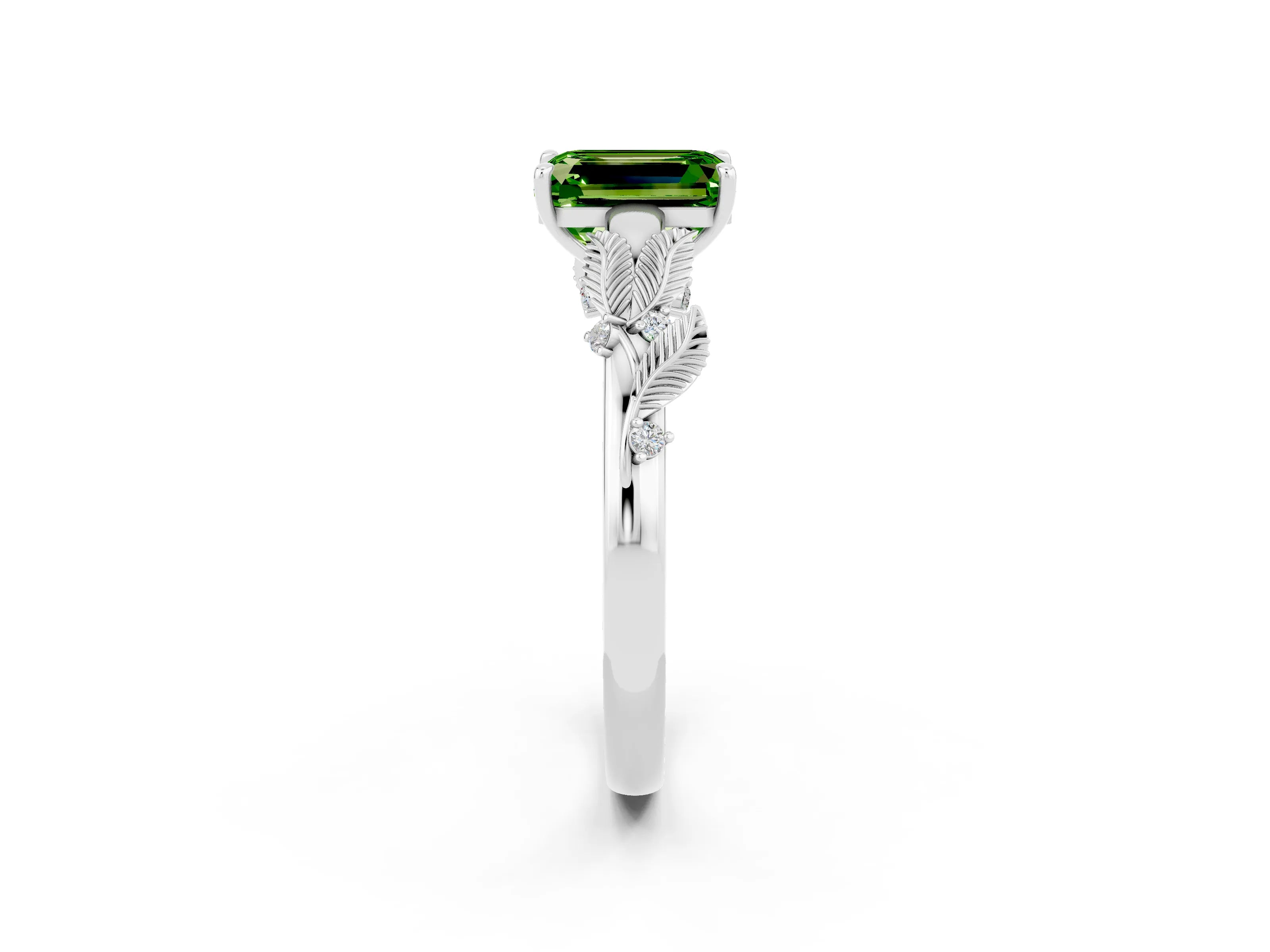 White gold Emerald Cut Peridot Solitaire Ring with Leaf Motif Band and Four-Prong Setting_14