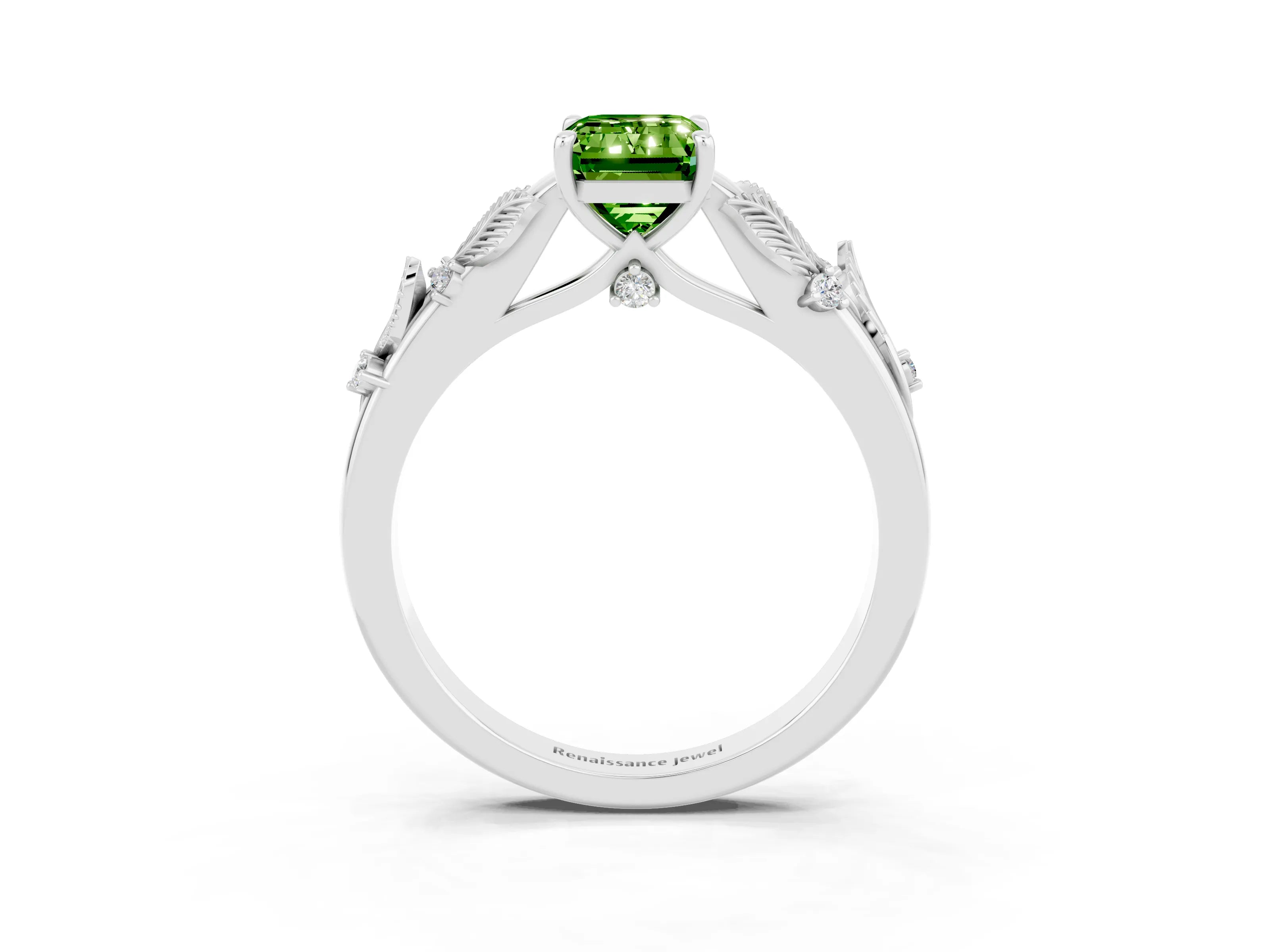 White gold Emerald Cut Peridot Solitaire Ring with Leaf Motif Band and Four-Prong Setting_15