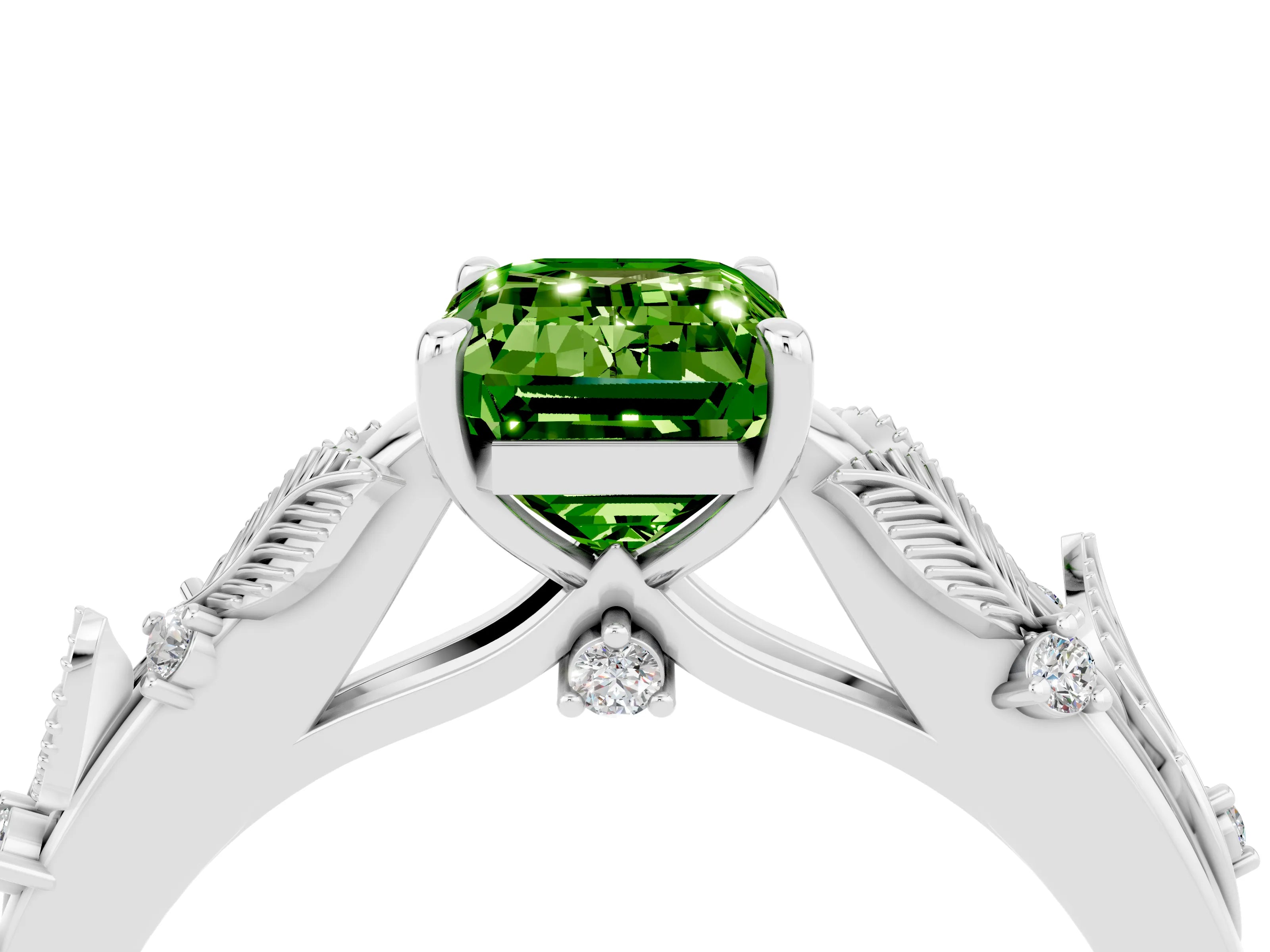 White gold Emerald Cut Peridot Solitaire Ring with Leaf Motif Band and Four-Prong Setting_16