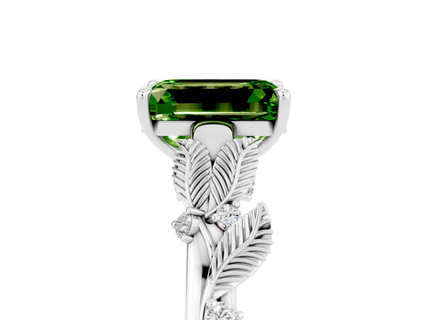 White gold Emerald Cut Peridot Solitaire Ring with Leaf Motif Band and Four-Prong Setting_17