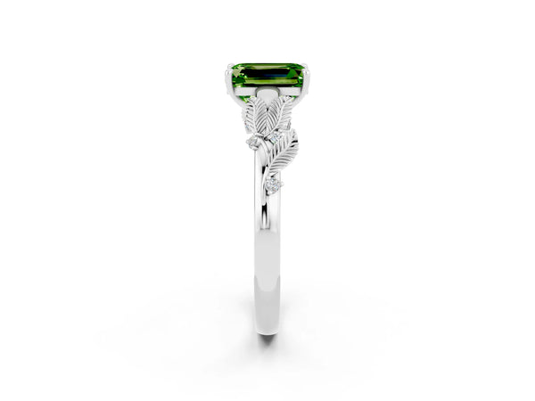 Silver Emerald Cut Peridot Solitaire Ring with Leaf Motif Band and Four-Prong Setting