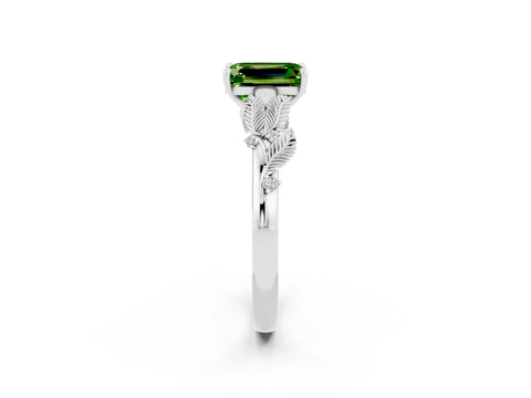 White gold Emerald Cut Peridot Solitaire Ring with Leaf Motif Band and Four-Prong Setting_2
