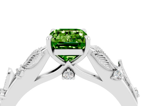 White gold Emerald Cut Peridot Solitaire Ring with Leaf Motif Band and Four-Prong Setting_4