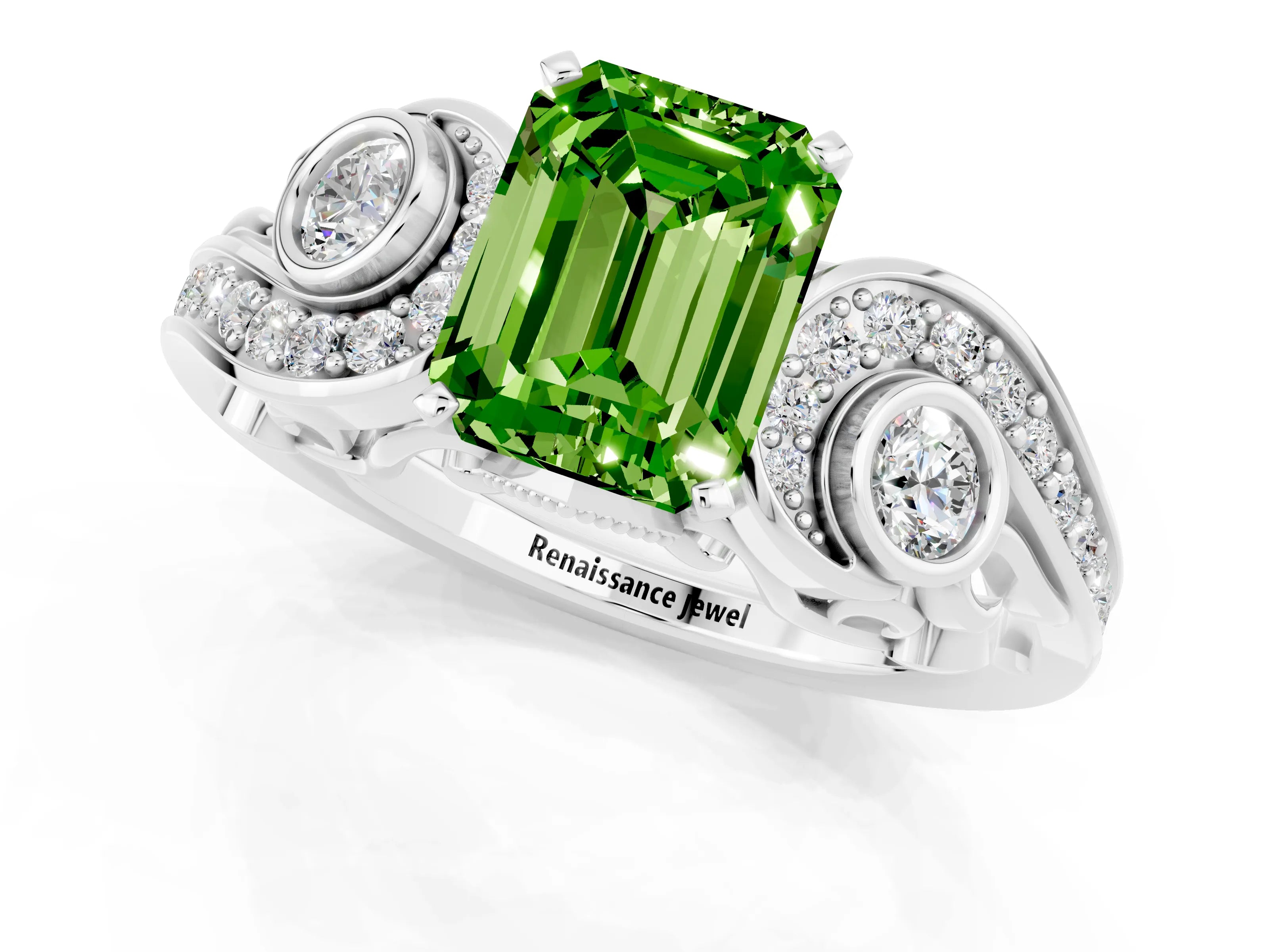 White gold Emerald Cut Peridot Solitaire Ring with Milgrain Pavé Band and Four-Prong Setting_13