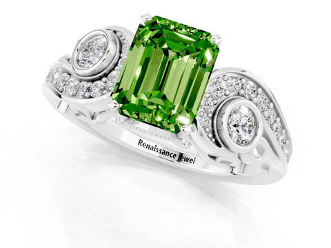 White gold Emerald Cut Peridot Solitaire Ring with Milgrain Pavé Band and Four-Prong Setting_13