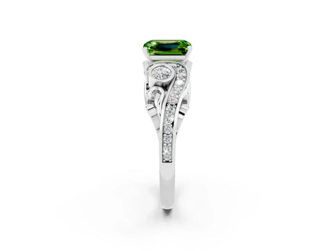 White gold Emerald Cut Peridot Solitaire Ring with Milgrain Pavé Band and Four-Prong Setting_14