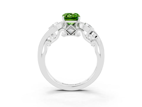 White gold Emerald Cut Peridot Solitaire Ring with Milgrain Pavé Band and Four-Prong Setting_15