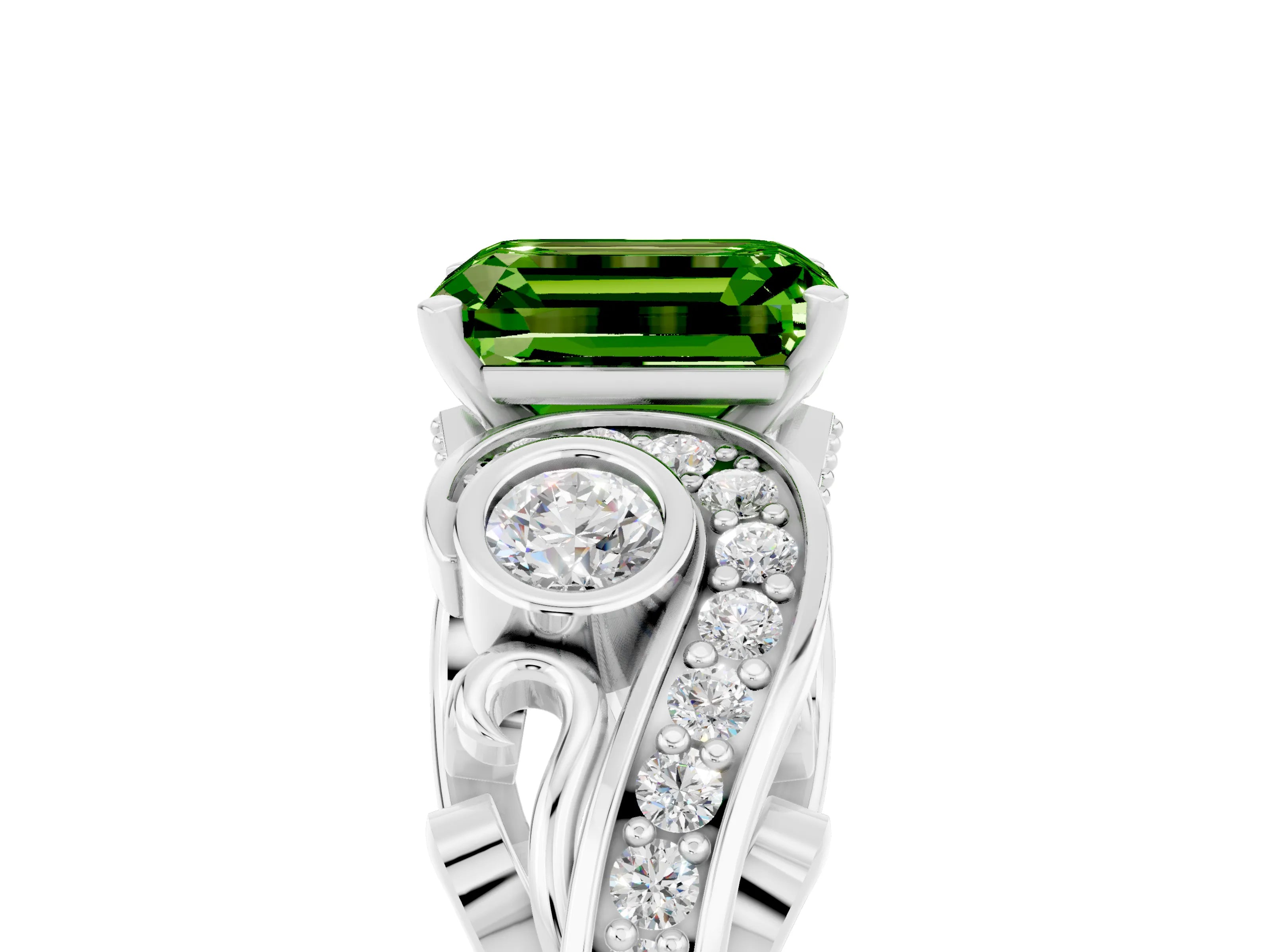 White gold Emerald Cut Peridot Solitaire Ring with Milgrain Pavé Band and Four-Prong Setting_17