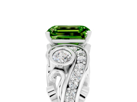 White gold Emerald Cut Peridot Solitaire Ring with Milgrain Pavé Band and Four-Prong Setting_17