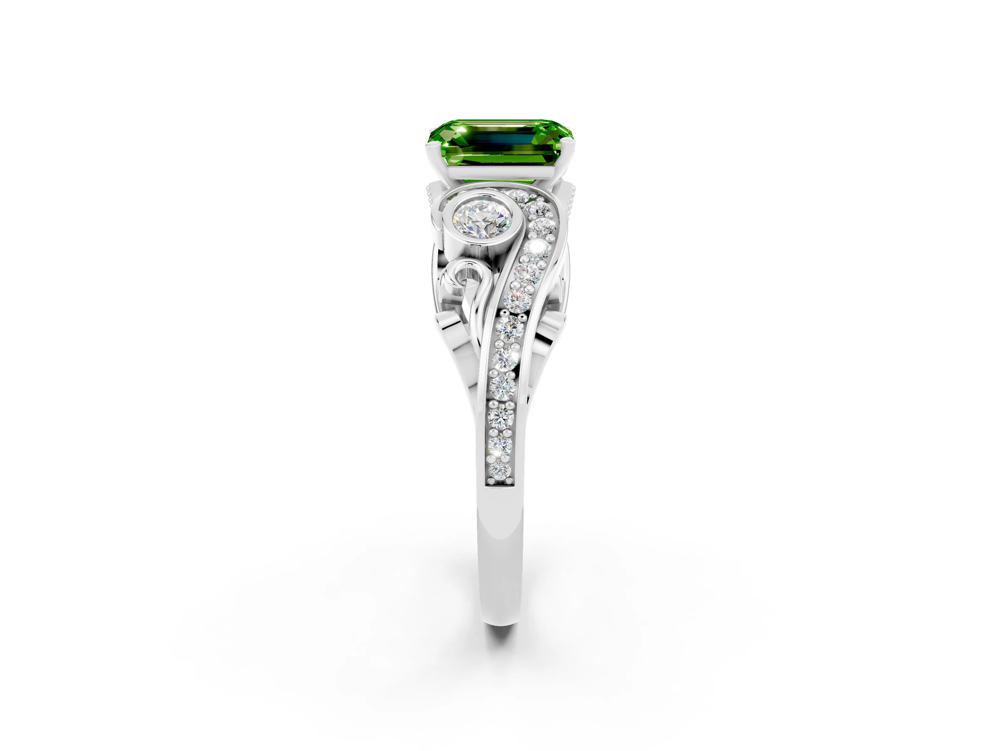White gold Emerald Cut Peridot Solitaire Ring with Milgrain Pavé Band and Four-Prong Setting_26
