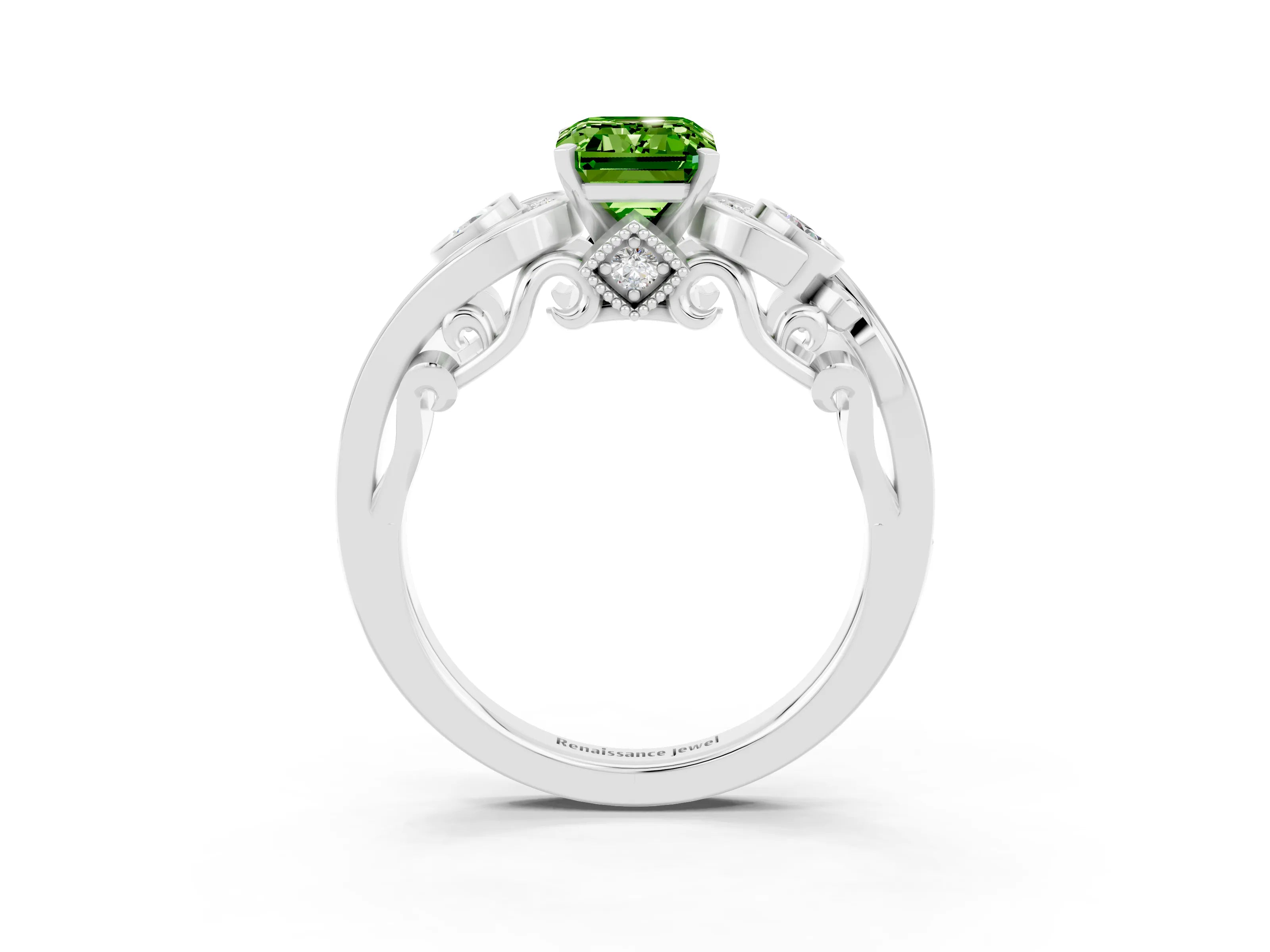 White gold Emerald Cut Peridot Solitaire Ring with Milgrain Pavé Band and Four-Prong Setting_27