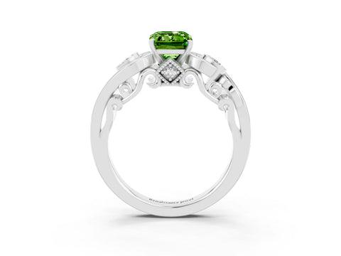 White gold Emerald Cut Peridot Solitaire Ring with Milgrain Pavé Band and Four-Prong Setting_27