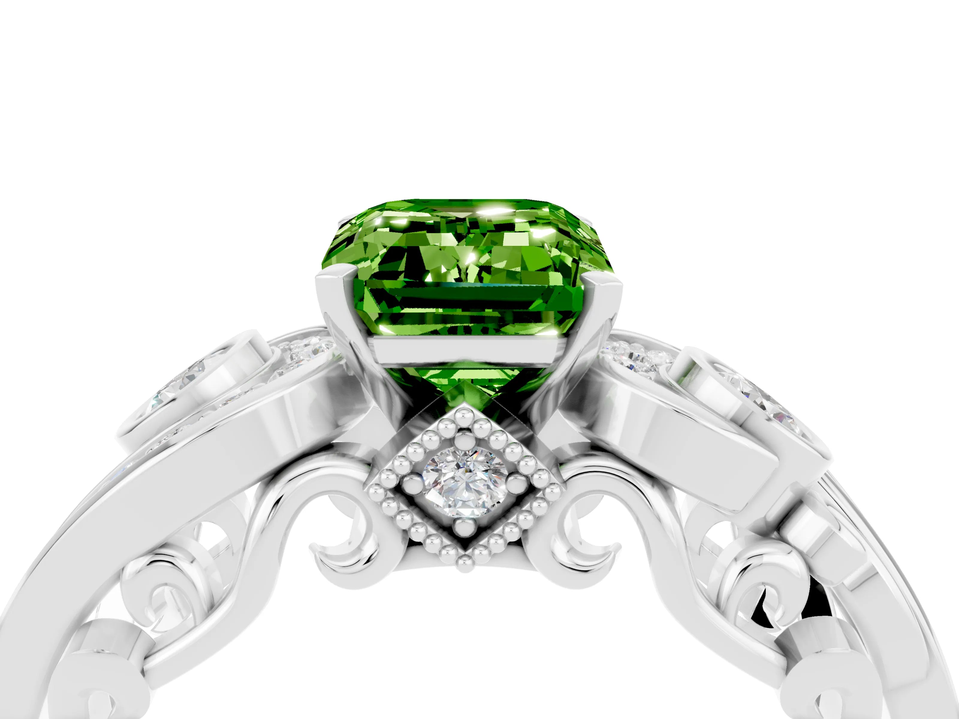 White gold Emerald Cut Peridot Solitaire Ring with Milgrain Pavé Band and Four-Prong Setting_28